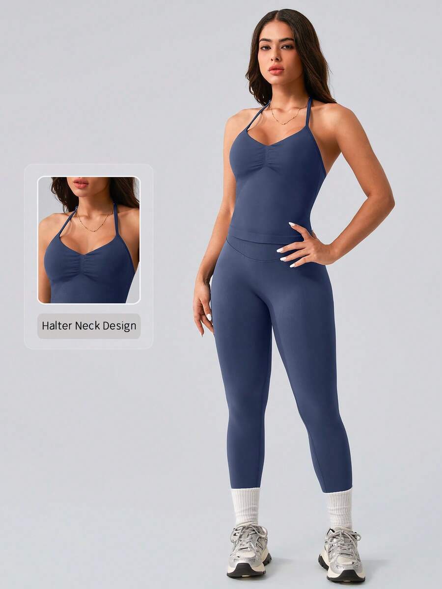 Tank Top Ribbed - Womens Halter Neck Yoga Set Ribbed
